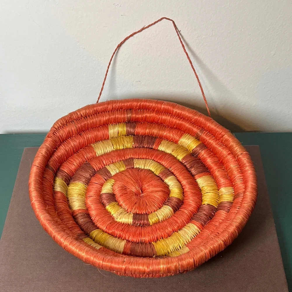 Handwoven Coiled‎ Natural Fiber Colorful Orange Hanging Basket Vintage